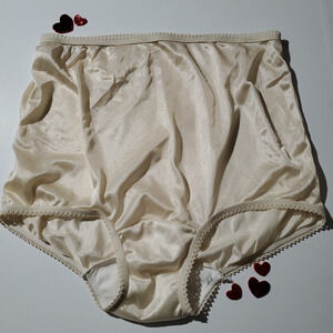 Vintage Granny Panty Briefs SHINY IVORY SATIN Sissy Nylon Panties LARGE